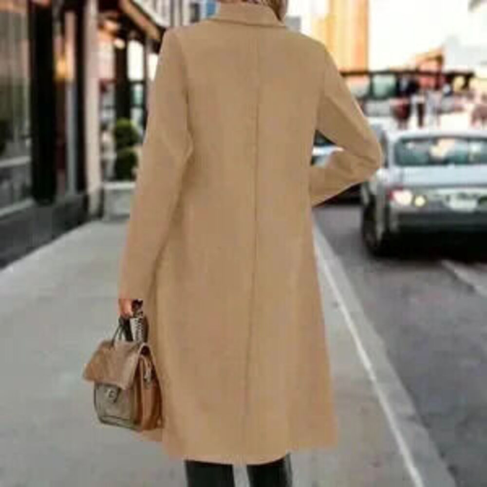 Khaki Elegant Women's Lapel Double Breasted Overcoat - Picture 2 of 3